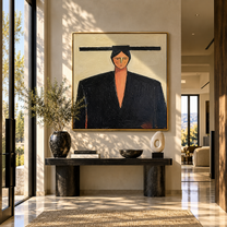 Black Shoulders Carry Ivory - geometric black suit portrait by Marcus Lau, retro modern square wall art – styled room scene view 3