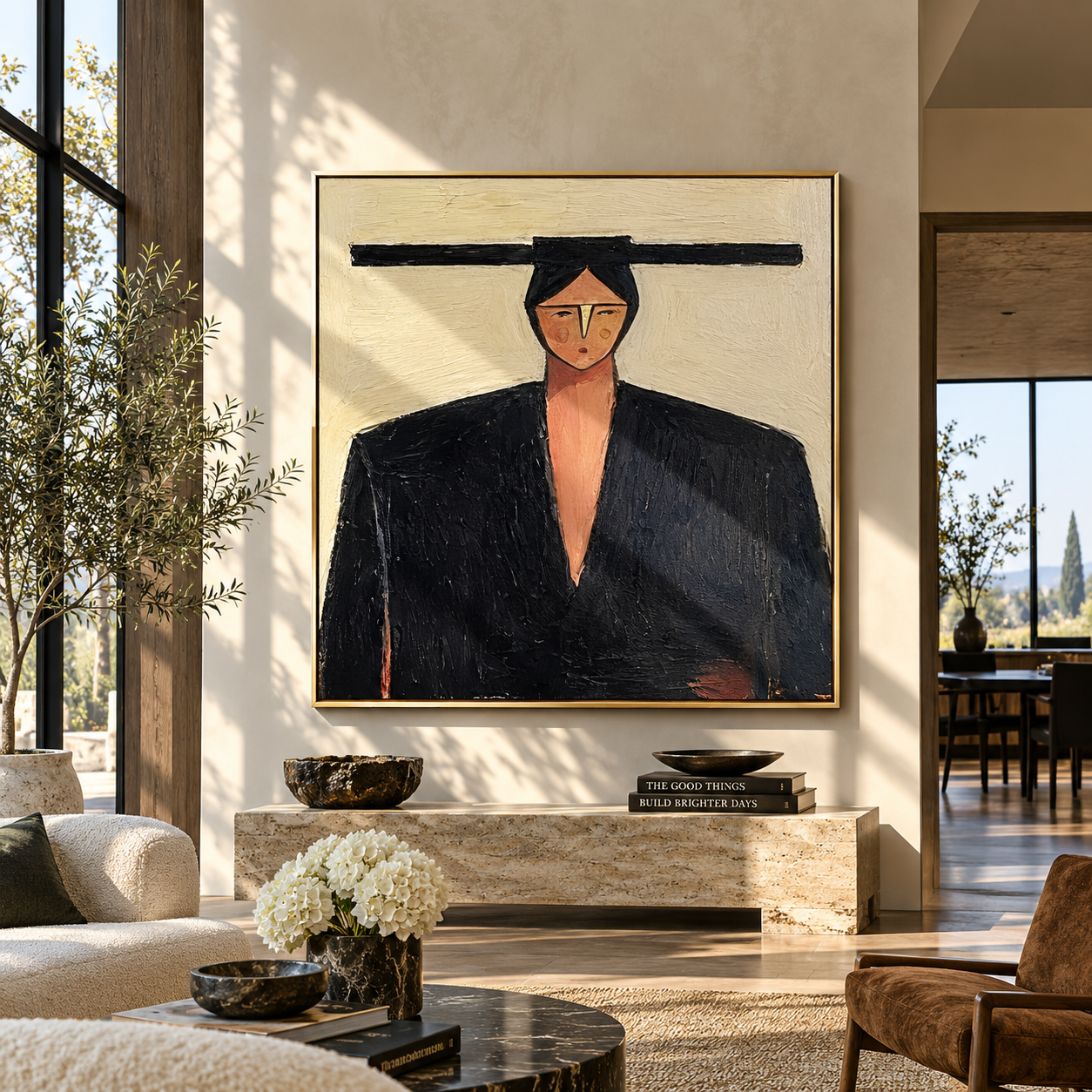 Black Shoulders Carry Ivory - geometric black suit portrait by Marcus Lau, retro modern square wall art – styled room scene view 4