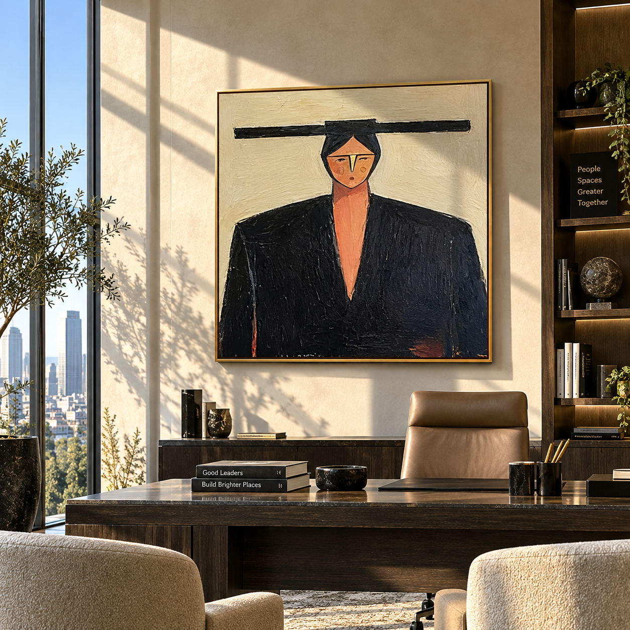Black Shoulders Carry Ivory - geometric black suit portrait by Marcus Lau, retro modern square wall art – styled room scene view 5
