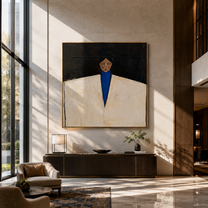 White Jacket Holds Midnight - geometric white suit portrait by Marcus Lau, retro modern square wall art – styled room scene view 1