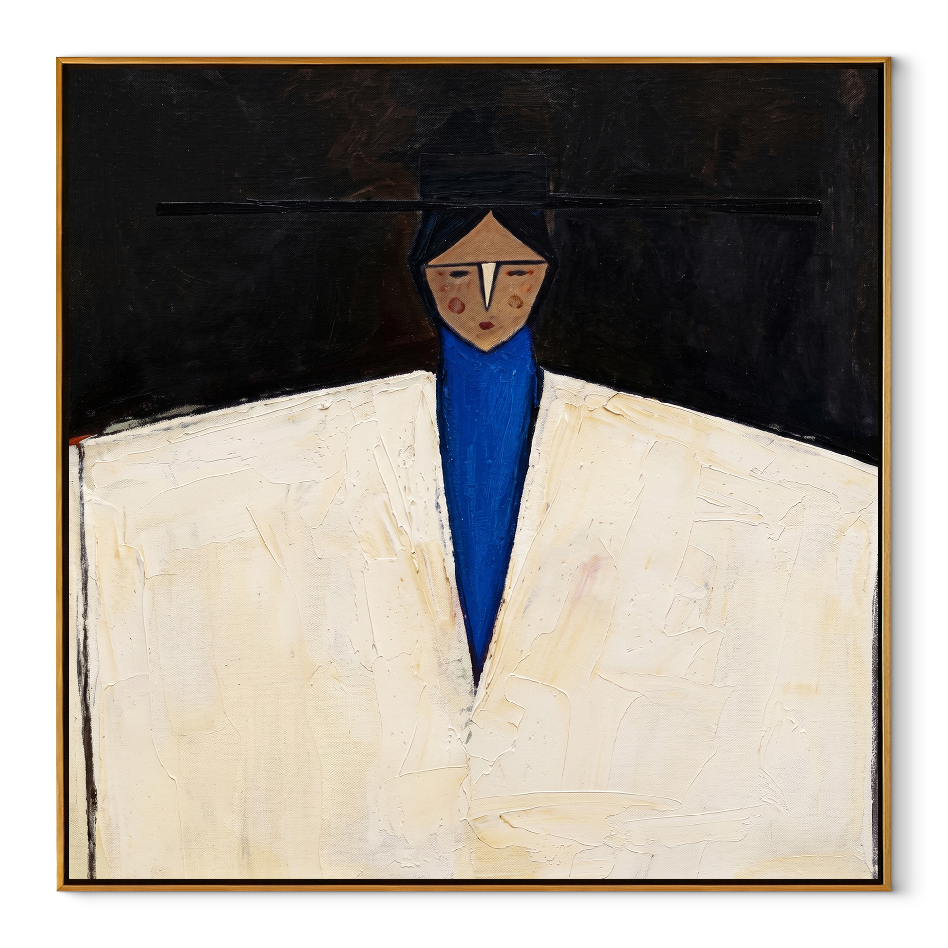 White Jacket Holds Midnight - geometric white suit portrait by Marcus Lau, retro modern square wall art – wood frame on white background