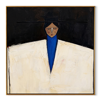 White Jacket Holds Midnight - geometric white suit portrait by Marcus Lau, retro modern square wall art – wood frame on white background