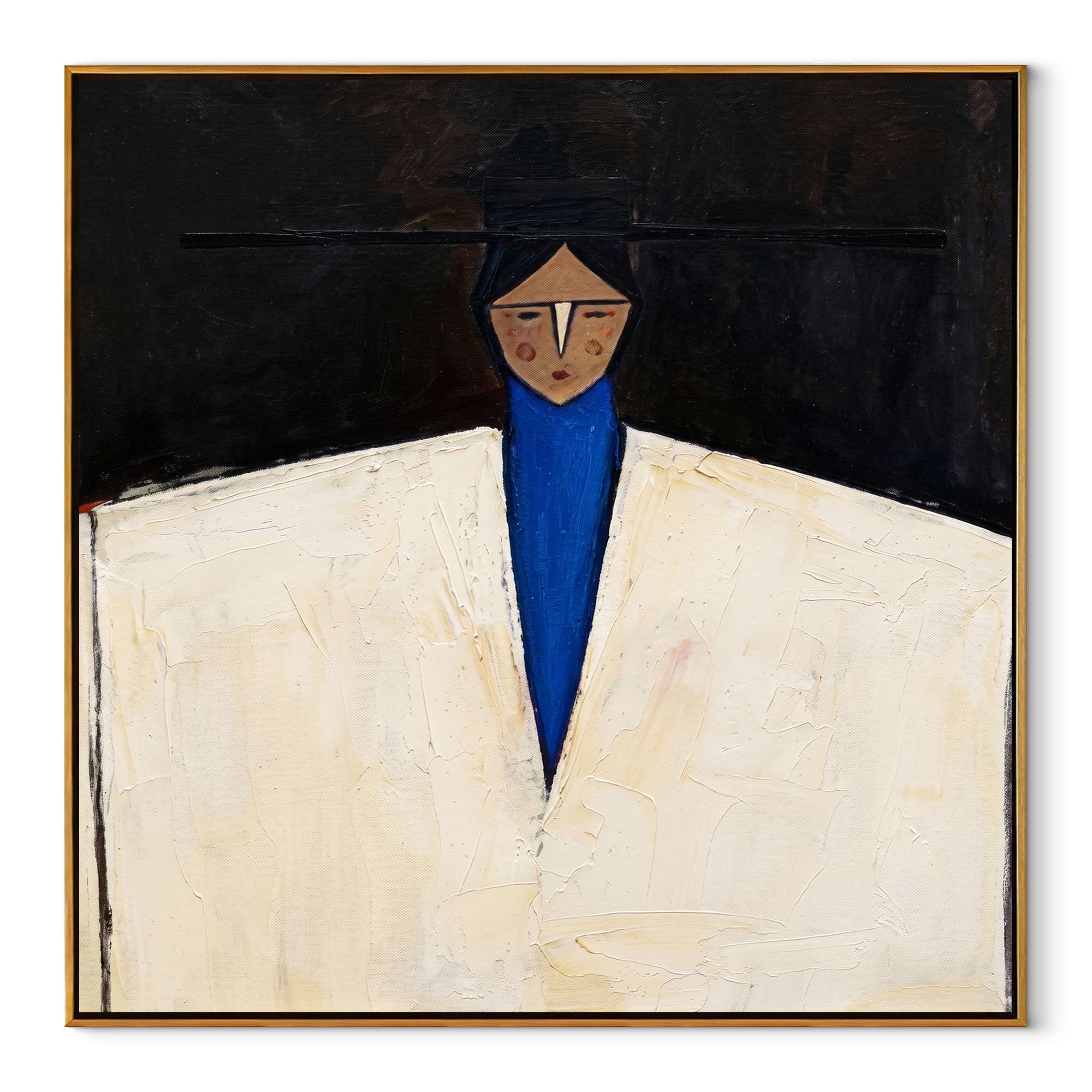 White Jacket Holds Midnight - geometric white suit portrait by Marcus Lau, retro modern square wall art – wood frame on white background