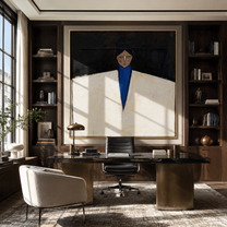White Jacket Holds Midnight - geometric white suit portrait by Marcus Lau, retro modern square wall art – styled room scene view 2