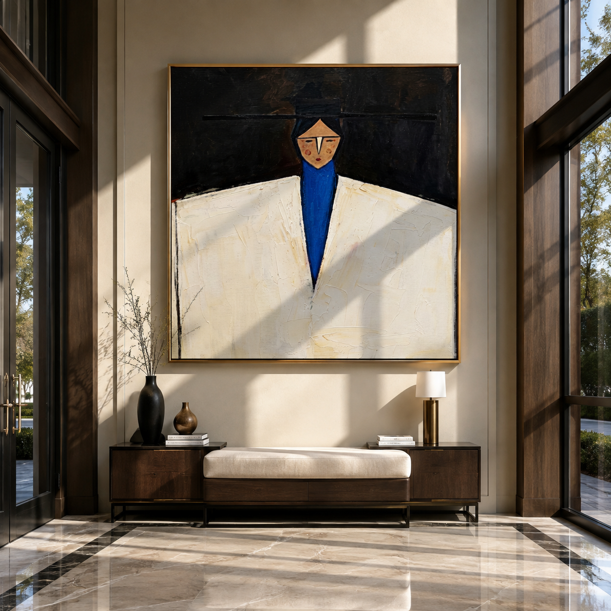 White Jacket Holds Midnight - geometric white suit portrait by Marcus Lau, retro modern square wall art – styled room scene view 3