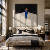 White Jacket Holds Midnight - geometric white suit portrait by Marcus Lau, retro modern square wall art – styled room scene view 4