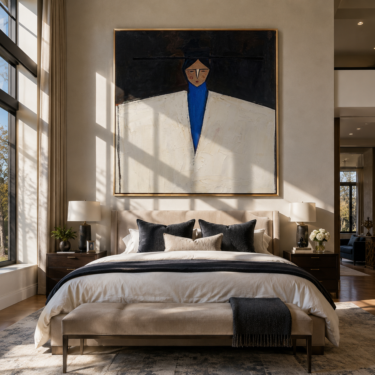 White Jacket Holds Midnight - geometric white suit portrait by Marcus Lau, retro modern square wall art – styled room scene view 4