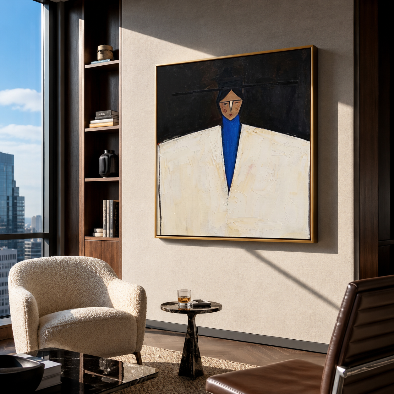 White Jacket Holds Midnight - geometric white suit portrait by Marcus Lau, retro modern square wall art – styled room scene view 5