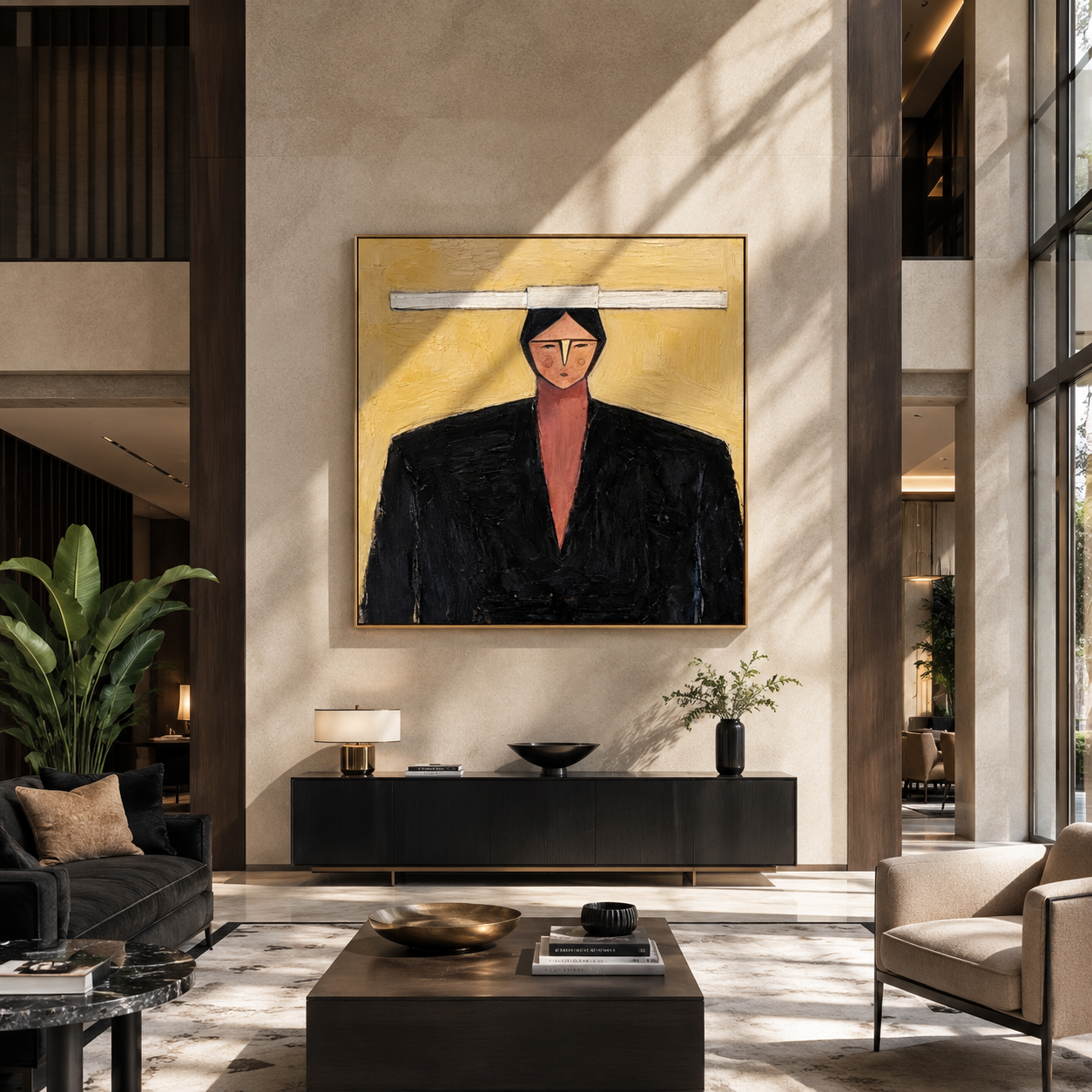 Rose Collar Meets Shadow - geometric black suit portrait by Marcus Lau, retro modern square wall art – styled room scene view 1