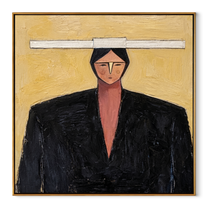 Rose Collar Meets Shadow - geometric black suit portrait by Marcus Lau, retro modern square wall art – wood frame on white background