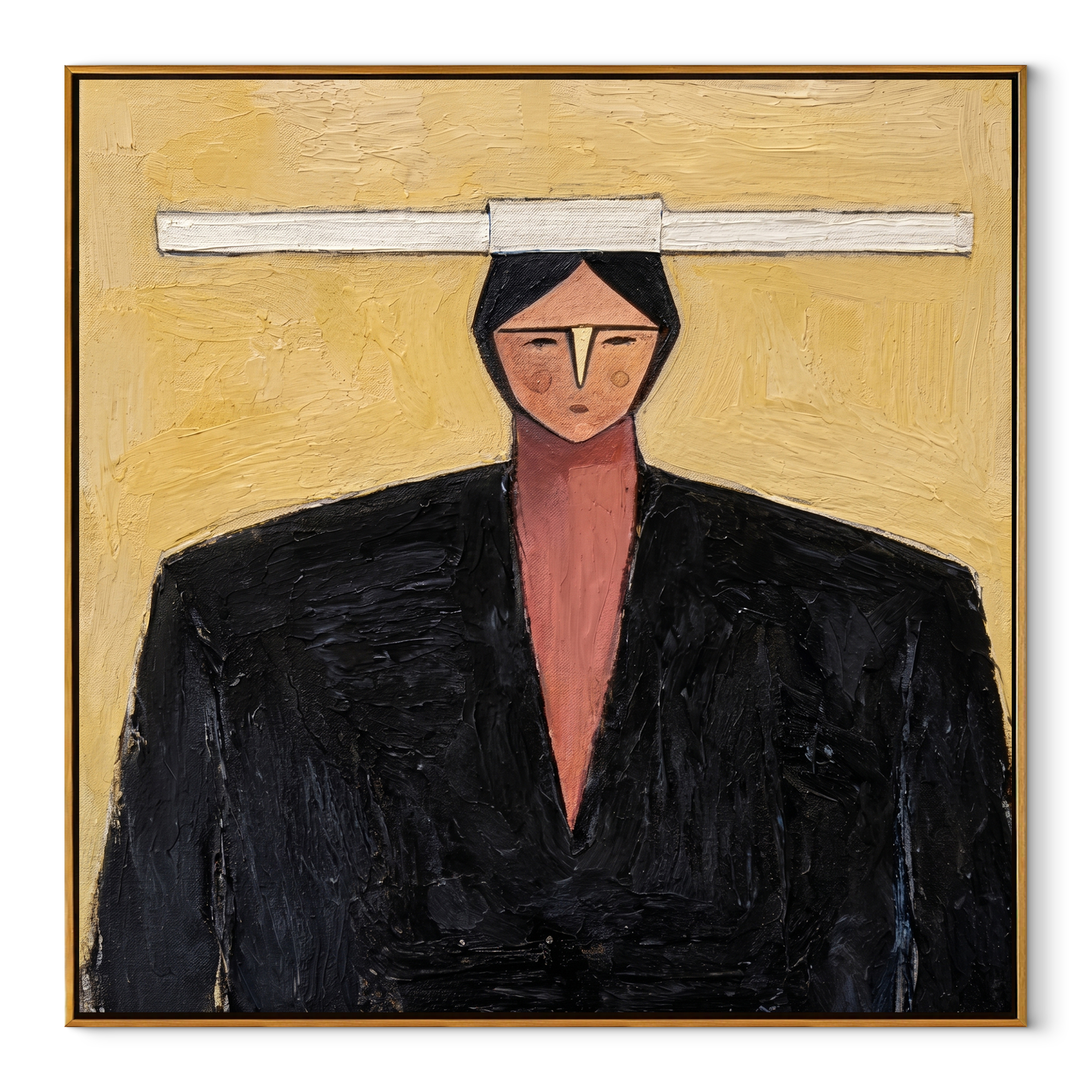 Rose Collar Meets Shadow - geometric black suit portrait by Marcus Lau, retro modern square wall art – wood frame on white background