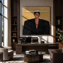 Rose Collar Meets Shadow - geometric black suit portrait by Marcus Lau, retro modern square wall art – styled room scene view 2