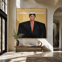 Rose Collar Meets Shadow - geometric black suit portrait by Marcus Lau, retro modern square wall art – styled room scene view 3