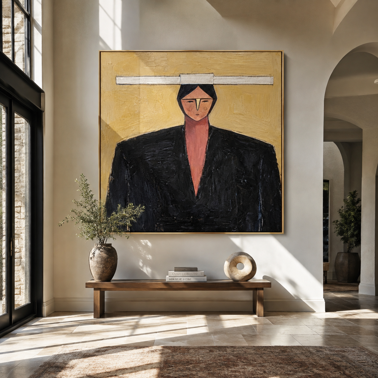 Rose Collar Meets Shadow - geometric black suit portrait by Marcus Lau, retro modern square wall art – styled room scene view 3