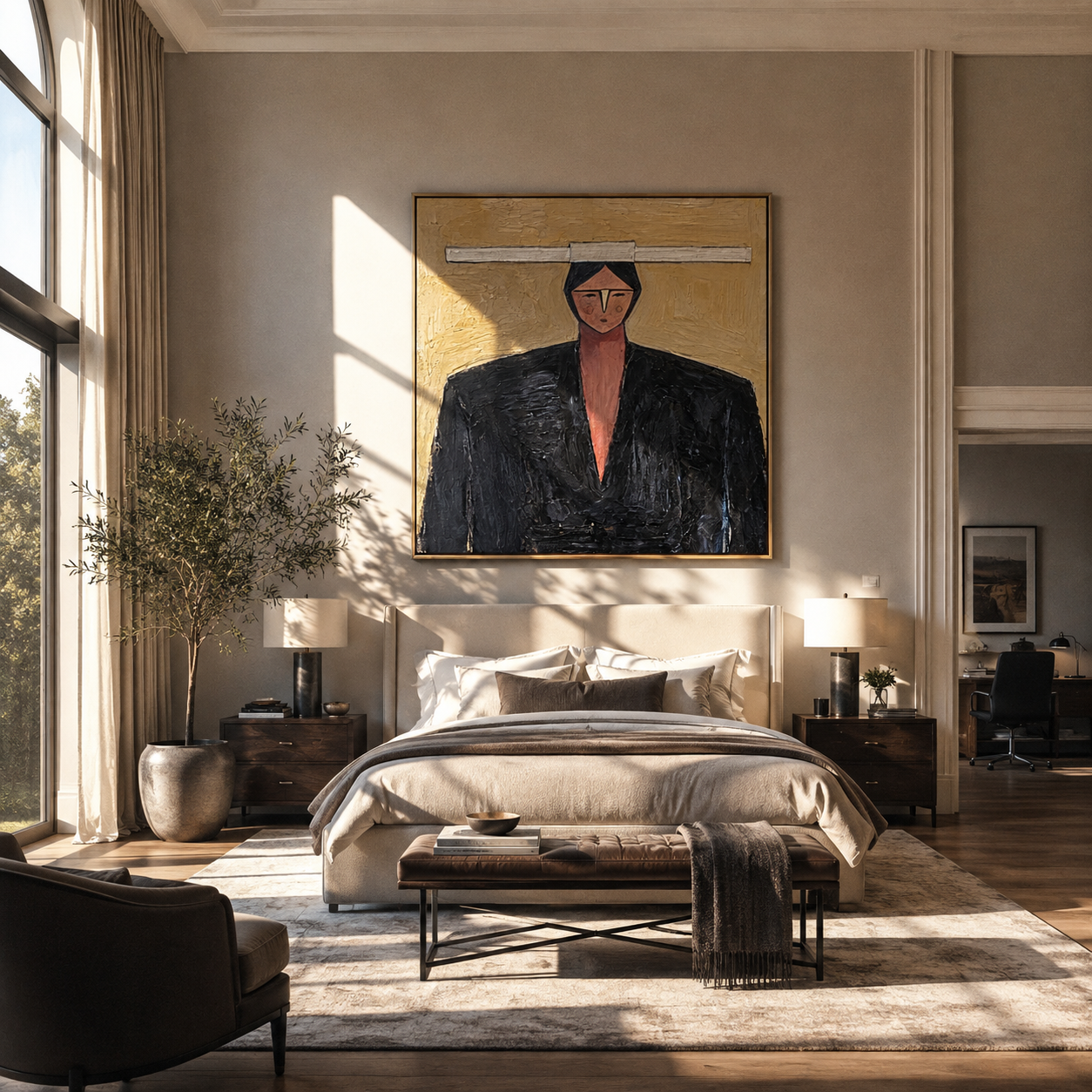 Rose Collar Meets Shadow - geometric black suit portrait by Marcus Lau, retro modern square wall art – styled room scene view 4