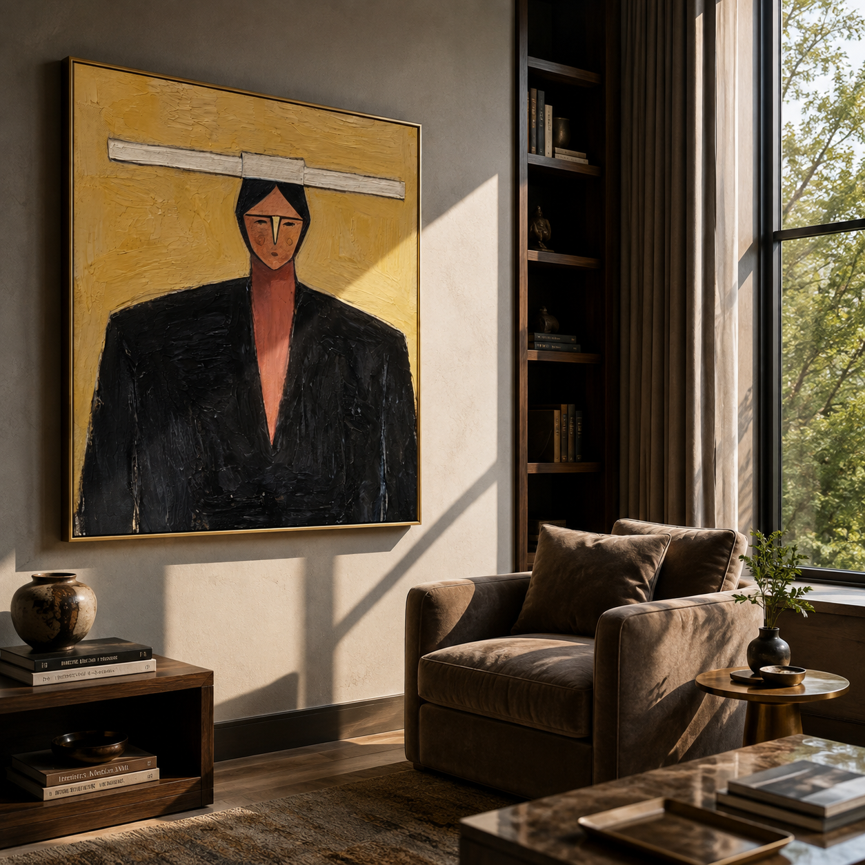 Rose Collar Meets Shadow - geometric black suit portrait by Marcus Lau, retro modern square wall art – styled room scene view 5