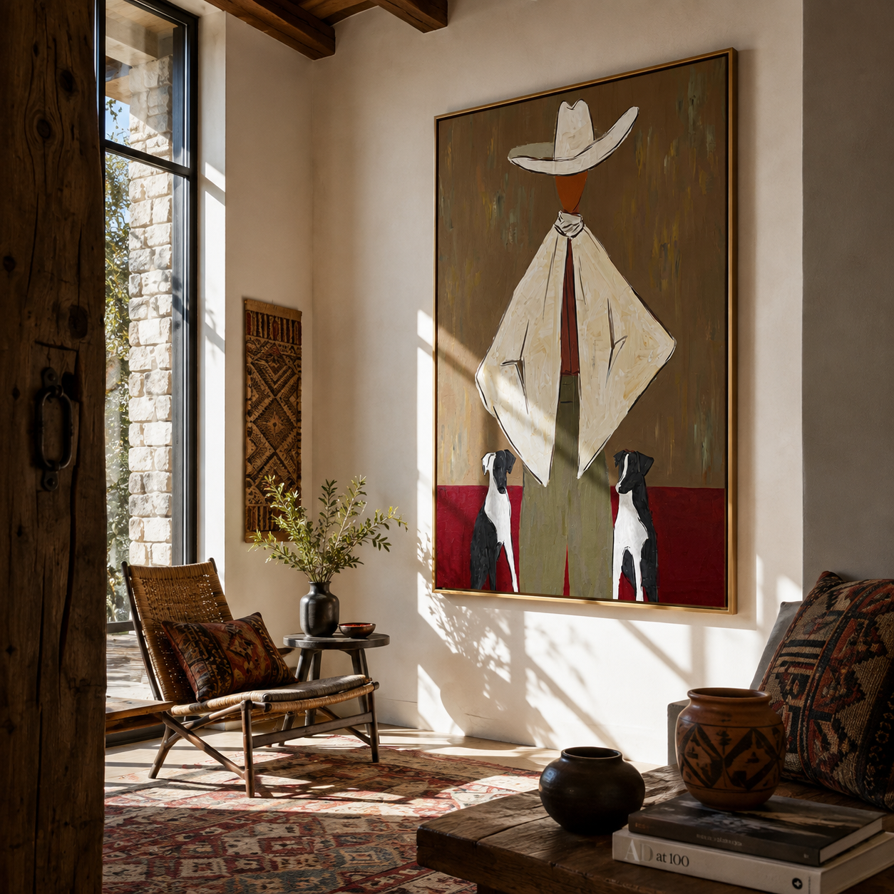 Two Dogs Watch Ivory - cowboy with two dogs painting by Marcus Lau, retro modern vertical wall art – styled room scene view 1