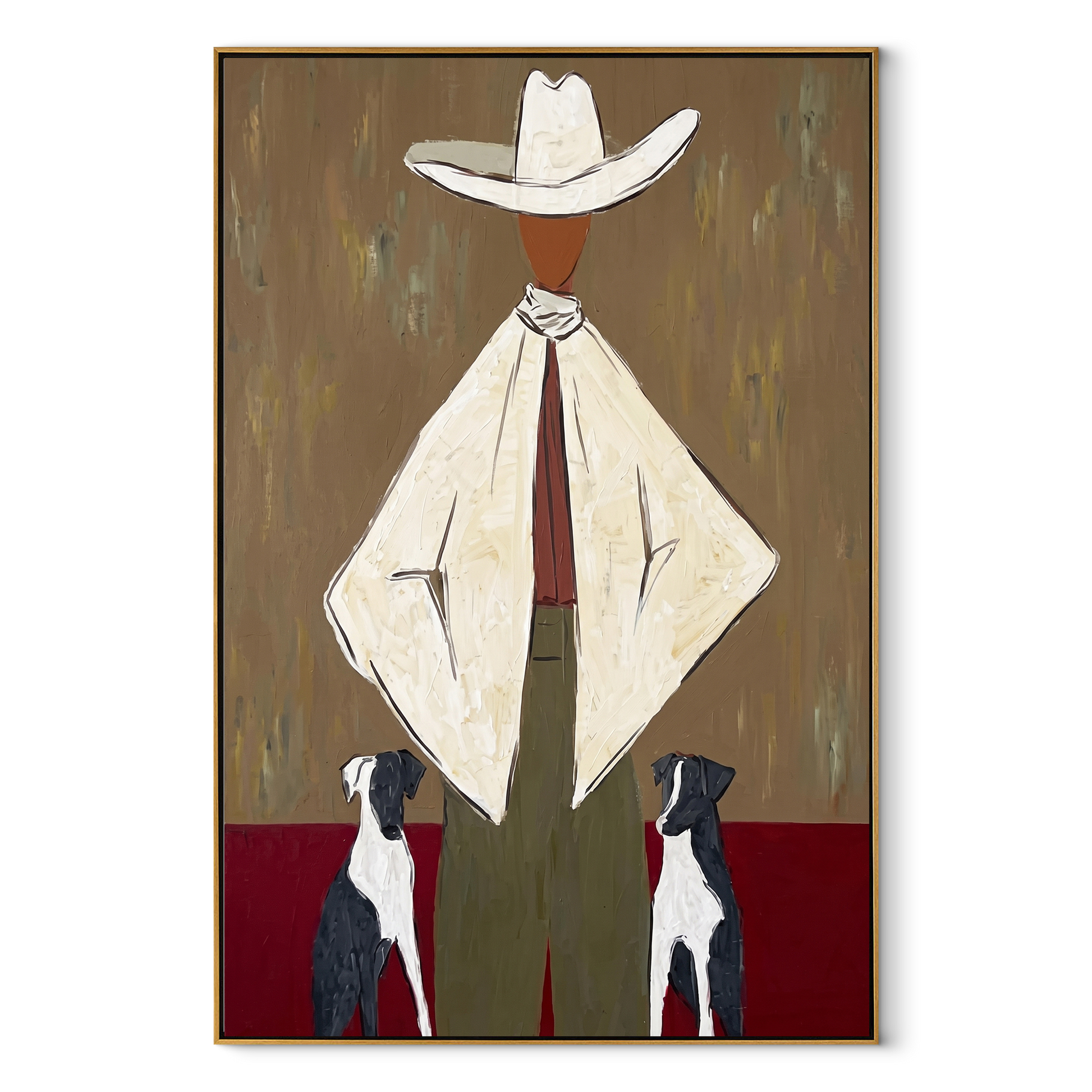 Two Dogs Watch Ivory - cowboy with two dogs painting by Marcus Lau, retro modern vertical wall art – wood frame on white background