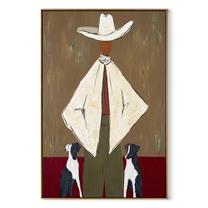 Two Dogs Watch Ivory - cowboy with two dogs painting by Marcus Lau, retro modern vertical wall art – wood frame on white background