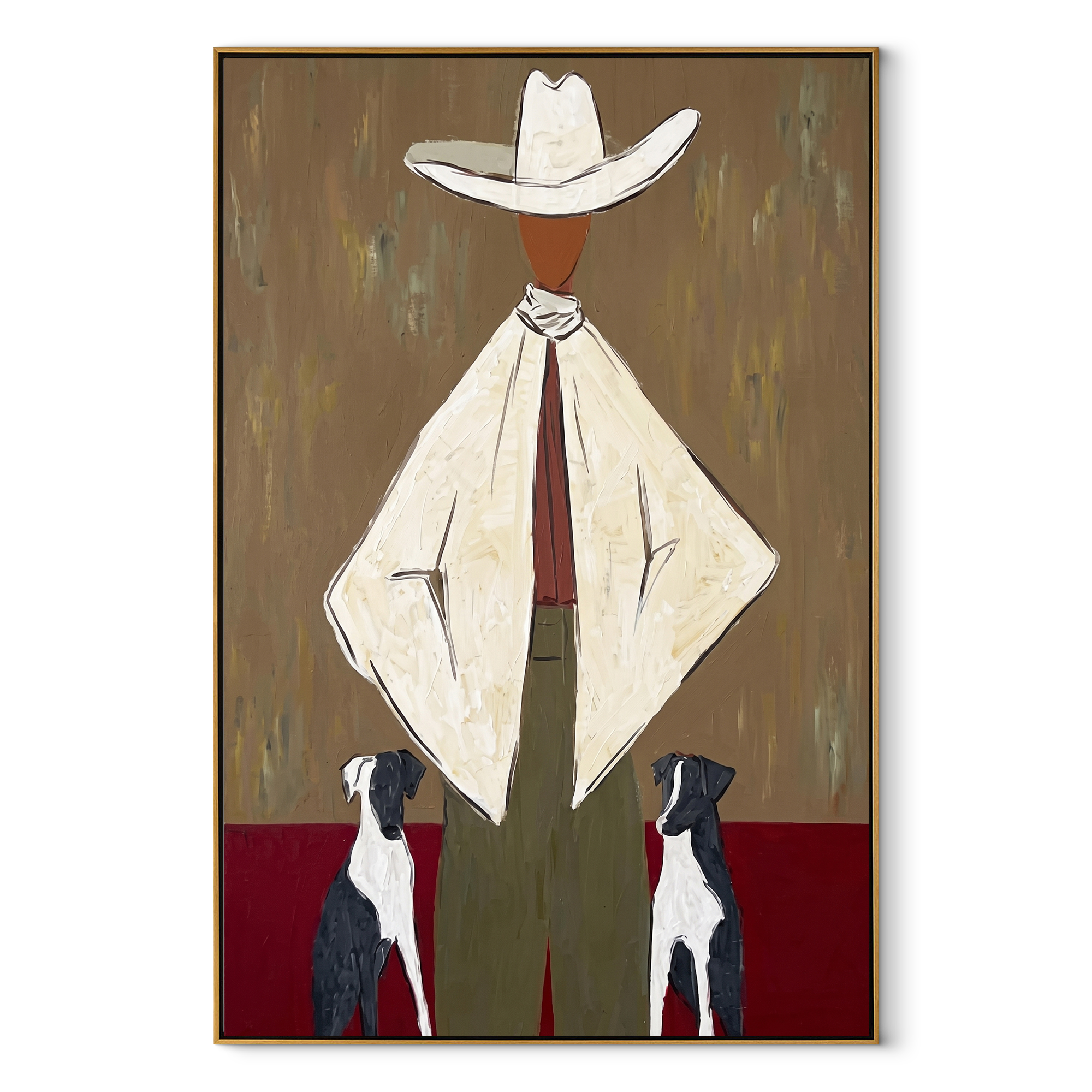 Two Dogs Watch Ivory - cowboy with two dogs painting by Marcus Lau, retro modern vertical wall art – wood frame on white background