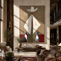 Two Dogs Watch Ivory - cowboy with two dogs painting by Marcus Lau, retro modern vertical wall art – styled room scene view 2
