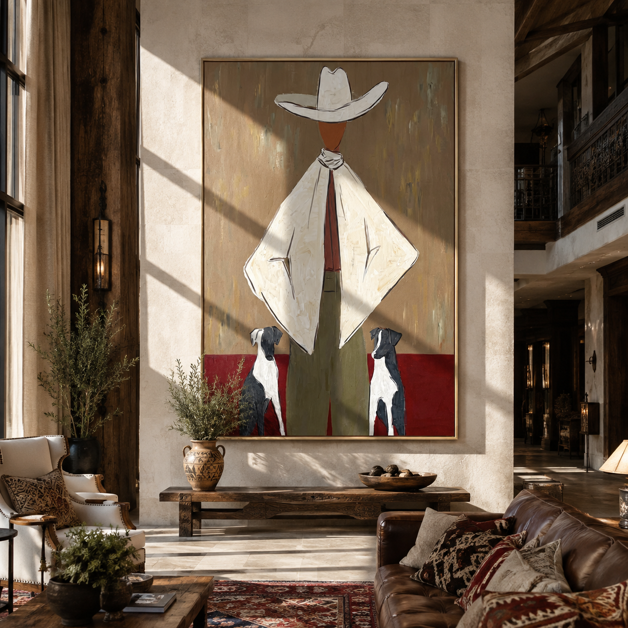 Two Dogs Watch Ivory - cowboy with two dogs painting by Marcus Lau, retro modern vertical wall art – styled room scene view 2