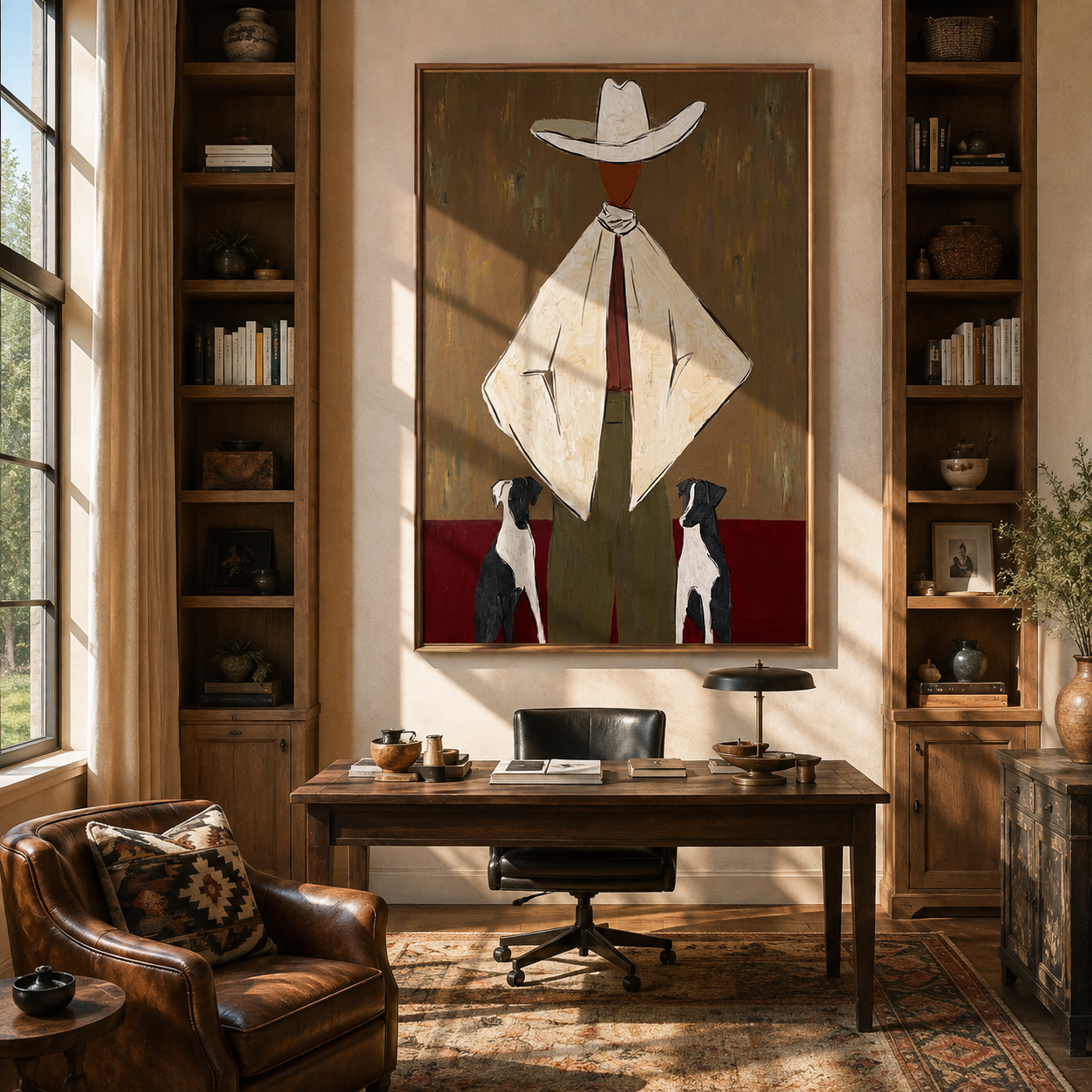 Two Dogs Watch Ivory - cowboy with two dogs painting by Marcus Lau, retro modern vertical wall art – styled room scene view 3