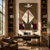 Two Dogs Watch Ivory - cowboy with two dogs painting by Marcus Lau, retro modern vertical wall art – styled room scene view 3
