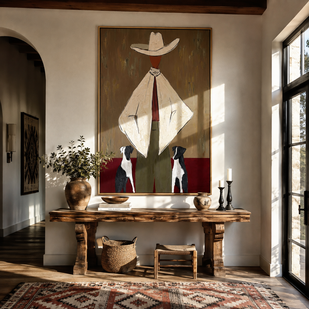 Two Dogs Watch Ivory - cowboy with two dogs painting by Marcus Lau, retro modern vertical wall art – styled room scene view 4