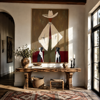 Two Dogs Watch Ivory - cowboy with two dogs painting by Marcus Lau, retro modern vertical wall art – styled room scene view 4