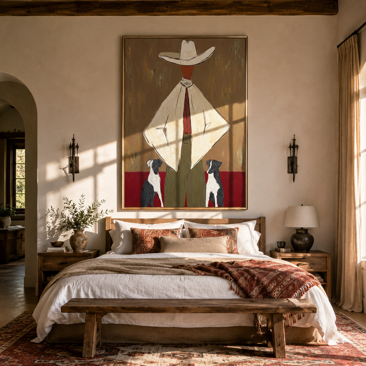 Two Dogs Watch Ivory - cowboy with two dogs painting by Marcus Lau, retro modern vertical wall art – styled room scene view 5