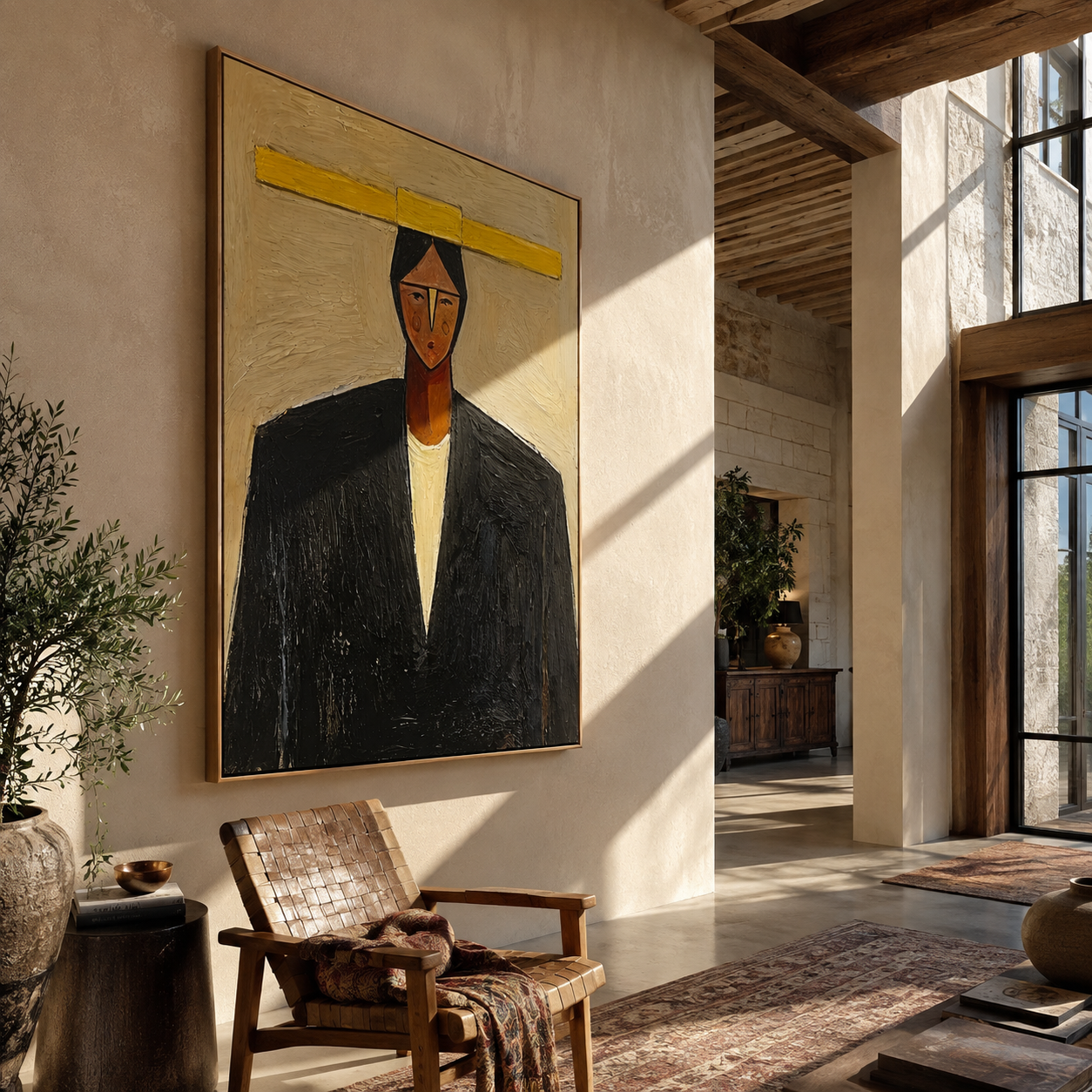 Yellow Bar Crowns Black - geometric black suit portrait by Marcus Lau, retro modern vertical wall art – styled room scene view 1
