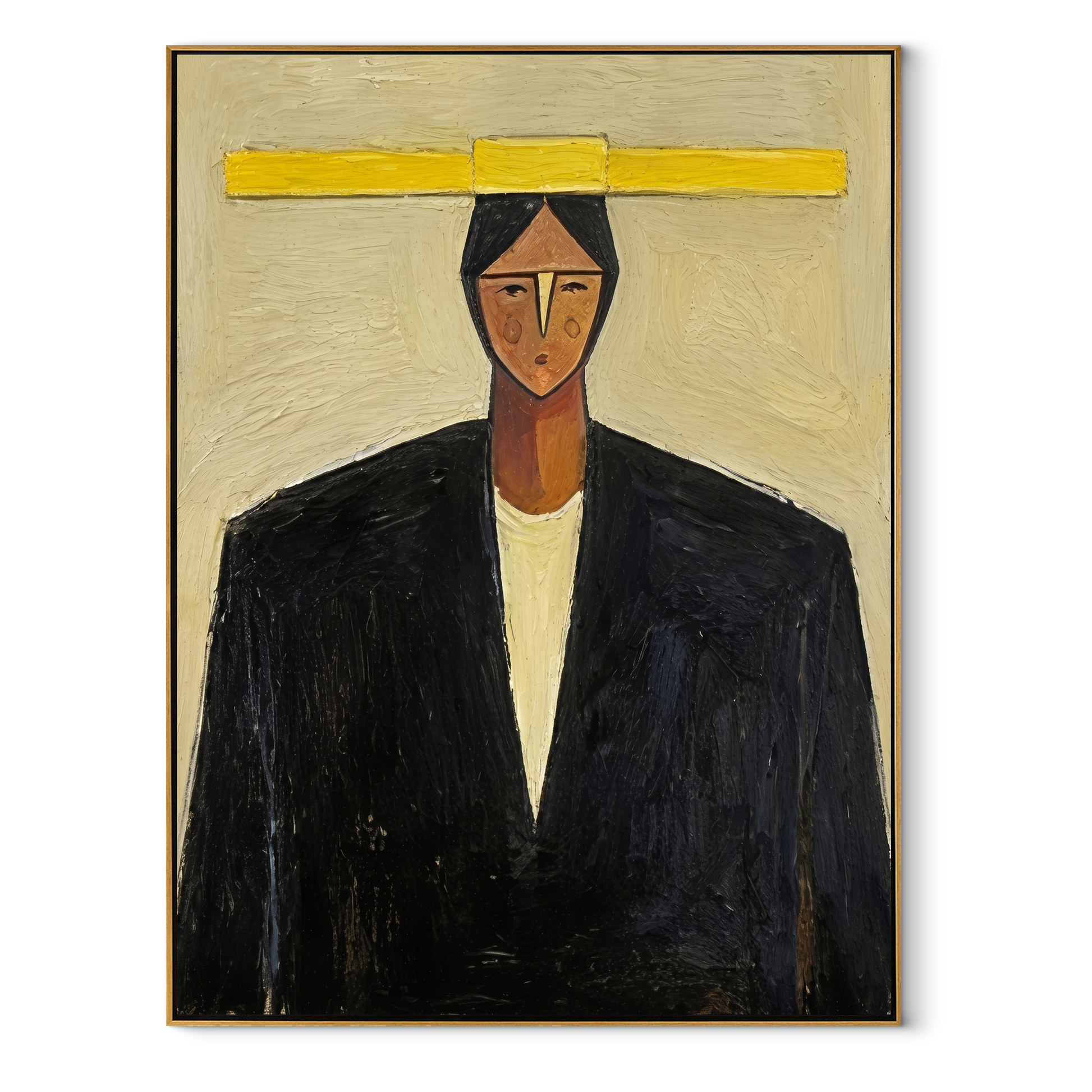 Yellow Bar Crowns Black - geometric black suit portrait by Marcus Lau, retro modern vertical wall art – wood frame on white background