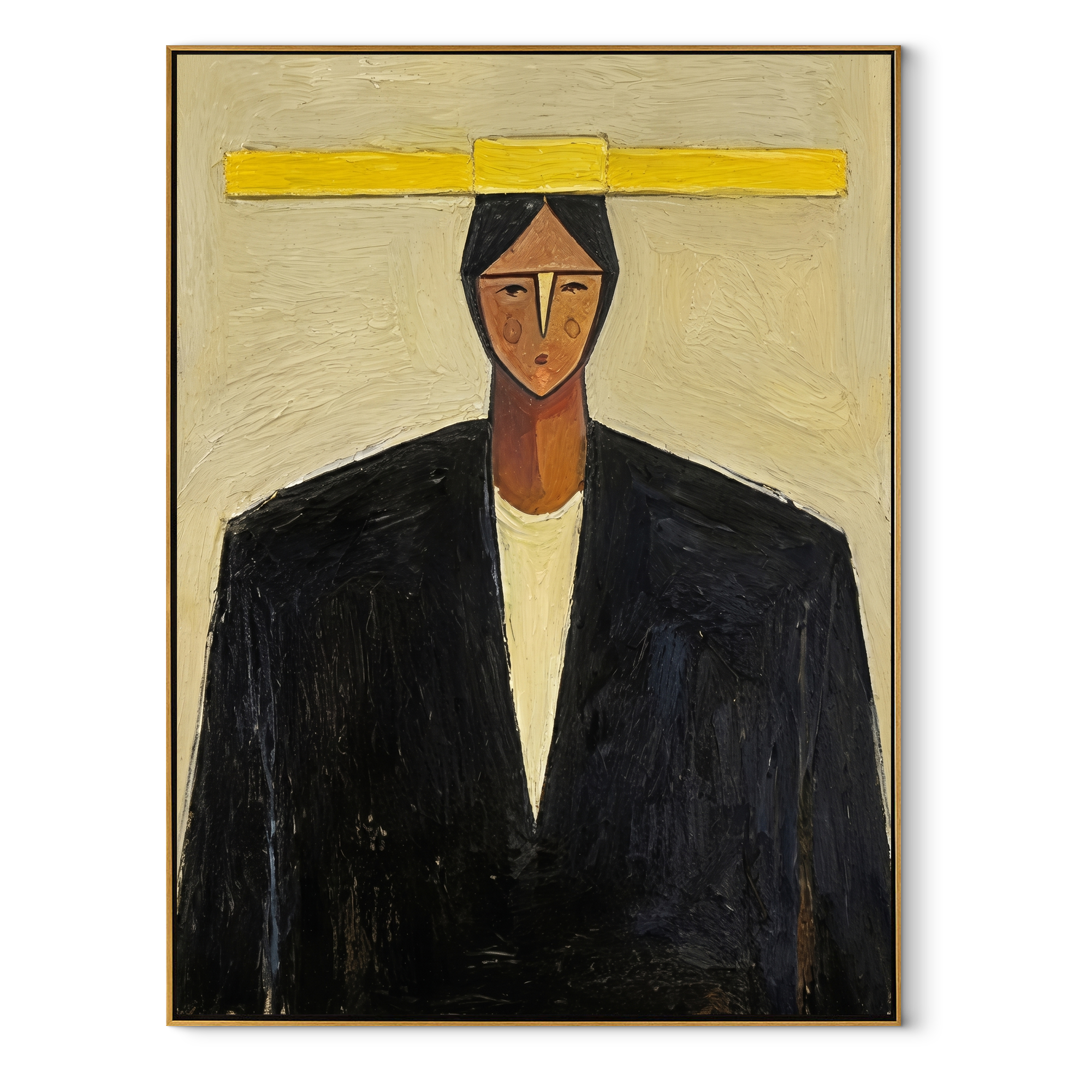 Yellow Bar Crowns Black - geometric black suit portrait by Marcus Lau, retro modern vertical wall art – wood frame on white background