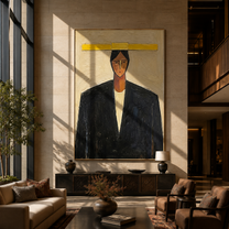 Yellow Bar Crowns Black - geometric black suit portrait by Marcus Lau, retro modern vertical wall art – styled room scene view 2
