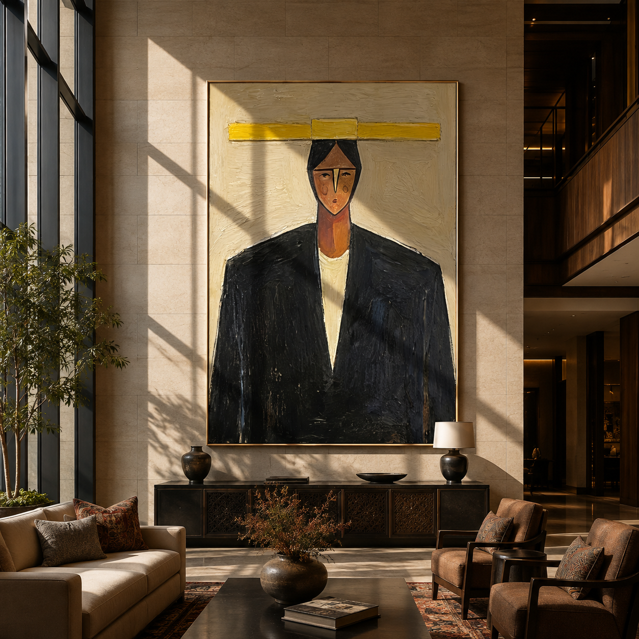 Yellow Bar Crowns Black - geometric black suit portrait by Marcus Lau, retro modern vertical wall art – styled room scene view 2