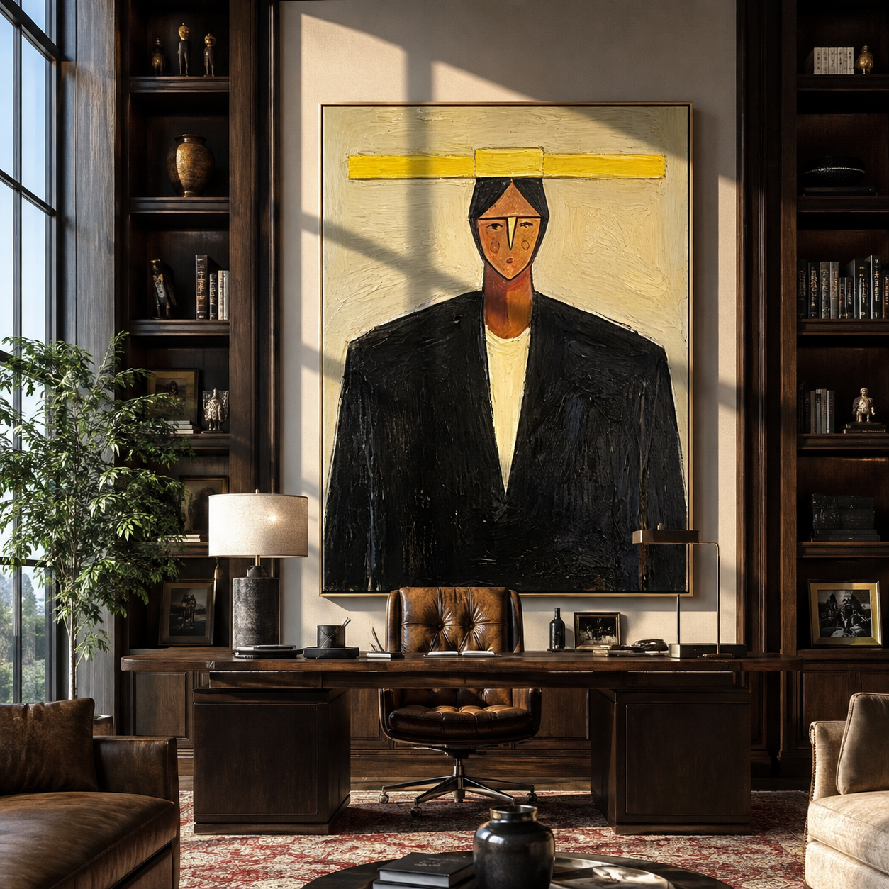 Yellow Bar Crowns Black - geometric black suit portrait by Marcus Lau, retro modern vertical wall art – styled room scene view 3
