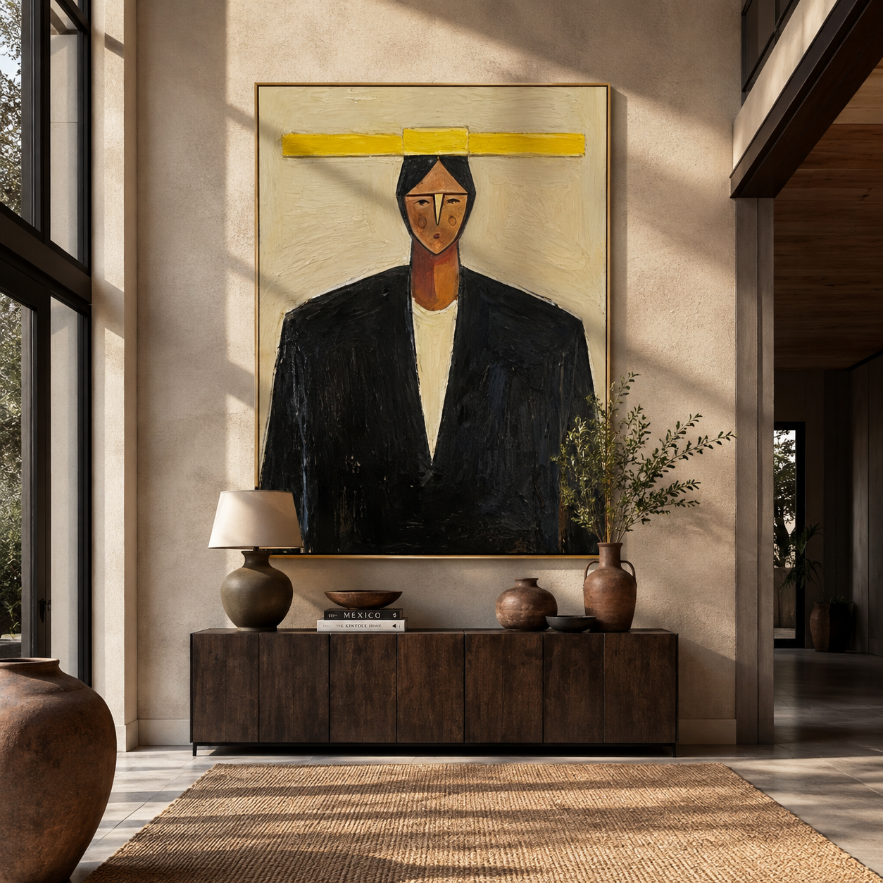 Yellow Bar Crowns Black - geometric black suit portrait by Marcus Lau, retro modern vertical wall art – styled room scene view 4