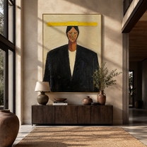Yellow Bar Crowns Black - geometric black suit portrait by Marcus Lau, retro modern vertical wall art – styled room scene view 4