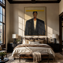 Yellow Bar Crowns Black - geometric black suit portrait by Marcus Lau, retro modern vertical wall art – styled room scene view 5