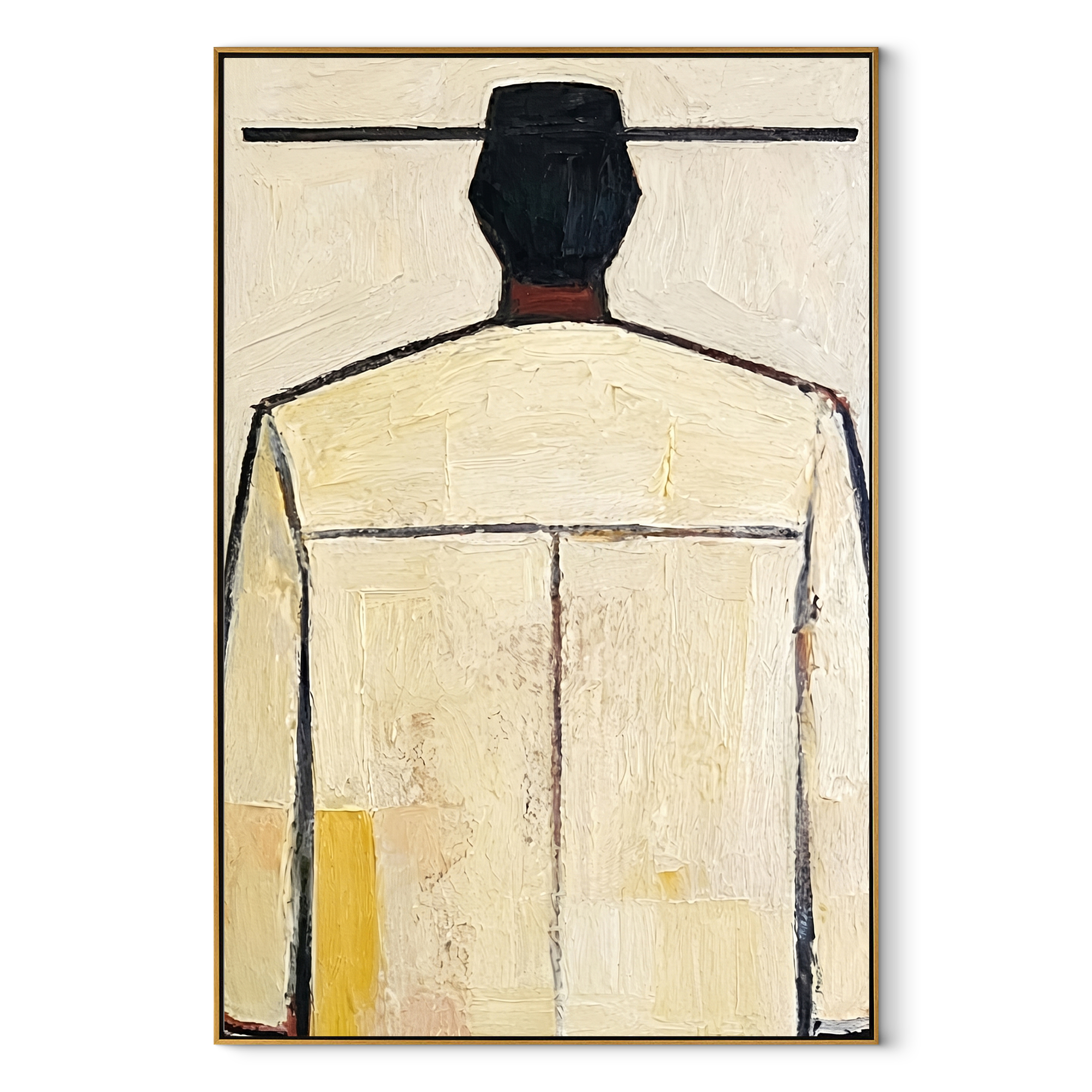Ivory Back Faces Light - minimal back figure painting by Marcus Lau, retro modern vertical wall art – wood frame on white background