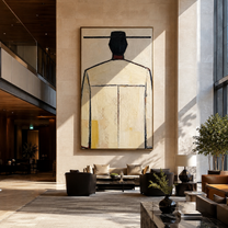 Ivory Back Faces Light - minimal back figure painting by Marcus Lau, retro modern vertical wall art – styled room scene view 2