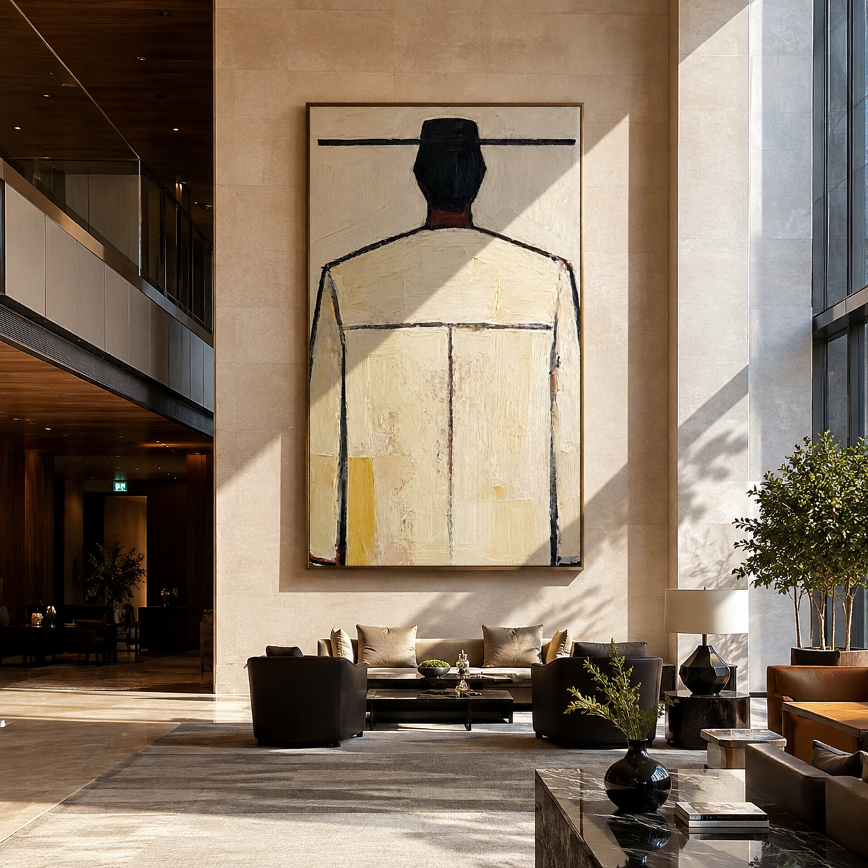 Ivory Back Faces Light - minimal back figure painting by Marcus Lau, retro modern vertical wall art – styled room scene view 2