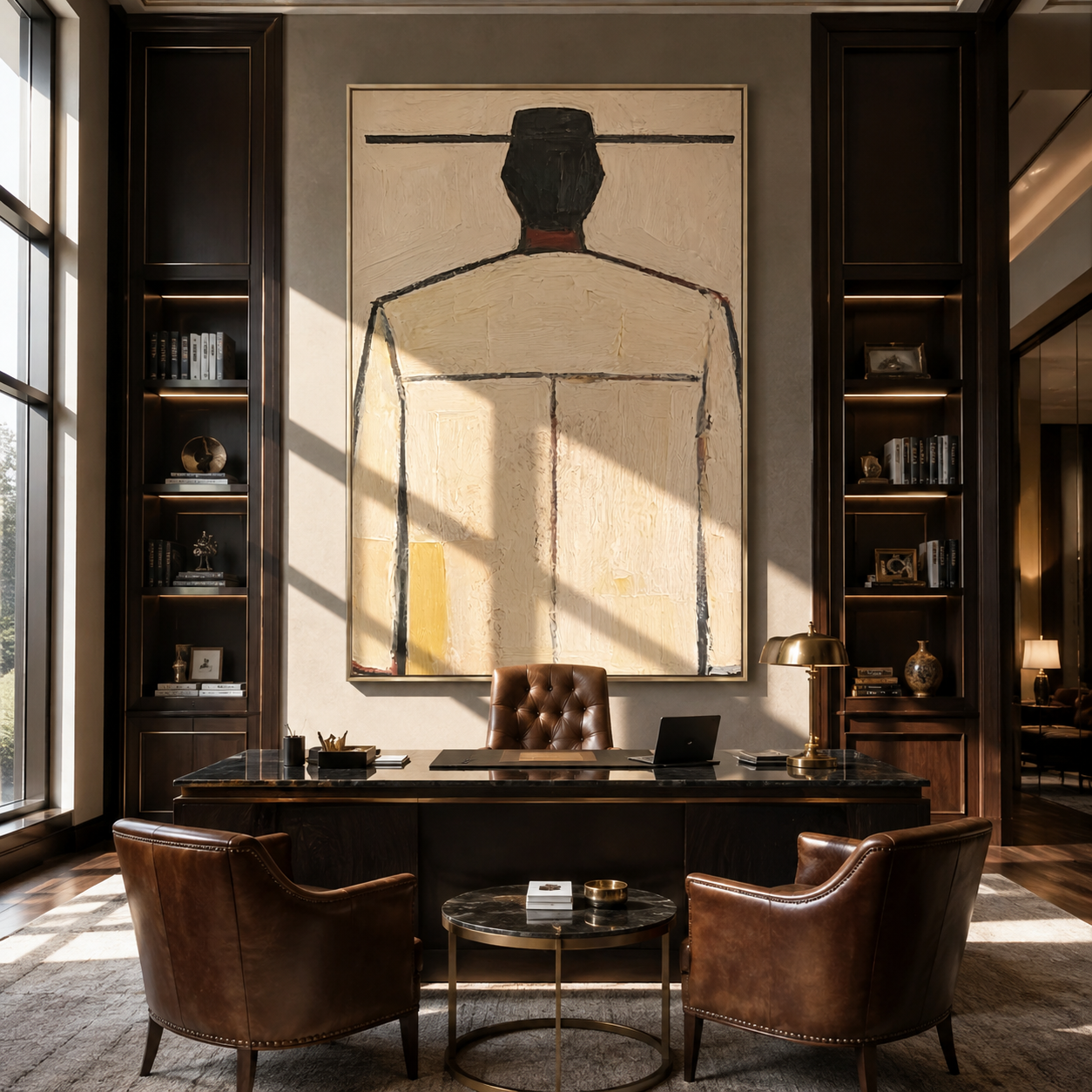 Ivory Back Faces Light - minimal back figure painting by Marcus Lau, retro modern vertical wall art – styled room scene view 3