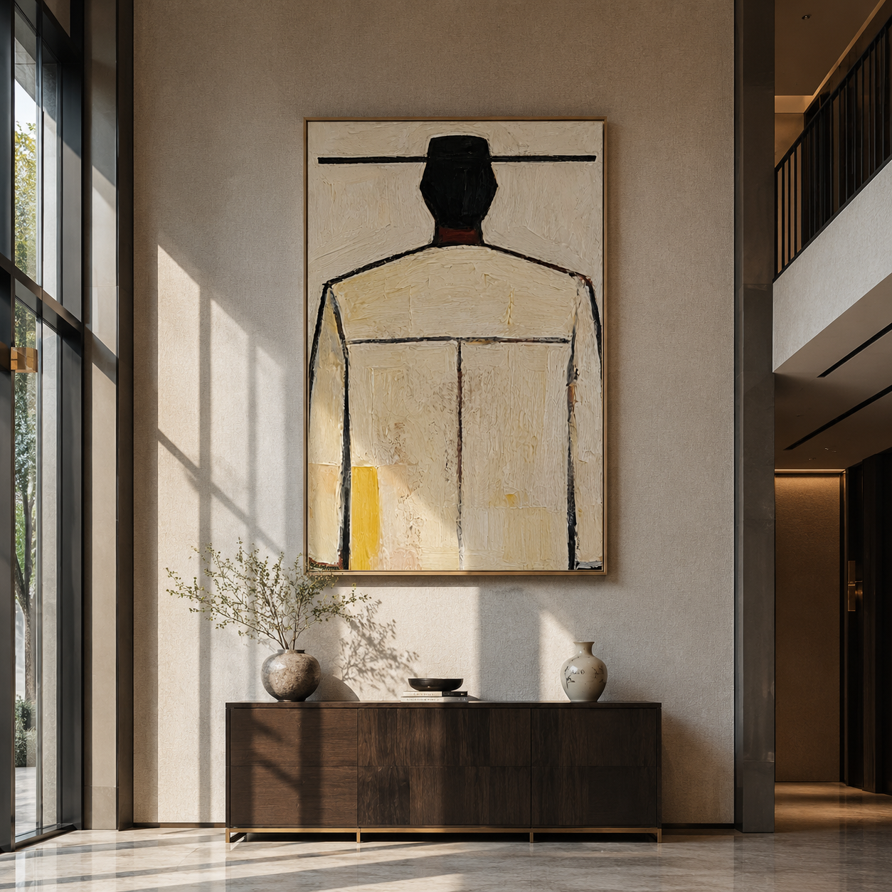 Ivory Back Faces Light - minimal back figure painting by Marcus Lau, retro modern vertical wall art – styled room scene view 4