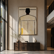 Ivory Back Faces Light - minimal back figure painting by Marcus Lau, retro modern vertical wall art – styled room scene view 4