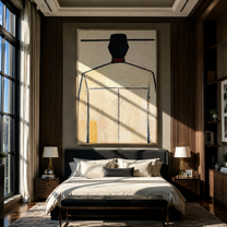 Ivory Back Faces Light - minimal back figure painting by Marcus Lau, retro modern vertical wall art – styled room scene view 5