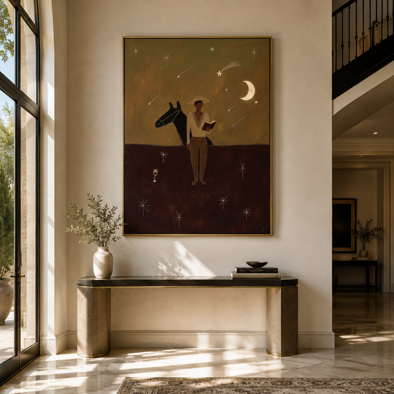 Moon Watches Open Book - cowboy moonlit horse painting by Marcus Lau, retro modern vertical wall art – styled room scene view 1
