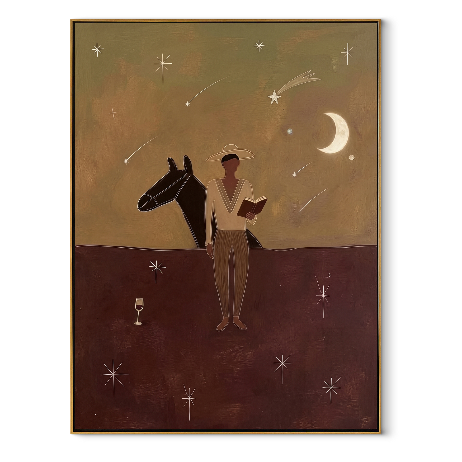 Moon Watches Open Book - cowboy moonlit horse painting by Marcus Lau, retro modern vertical wall art – wood frame on white background
