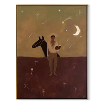 Moon Watches Open Book - cowboy moonlit horse painting by Marcus Lau, retro modern vertical wall art – wood frame on white background